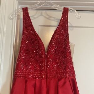 Beaded bodice Sherri Hill deep red prom dress with pockets; never worn, size 6